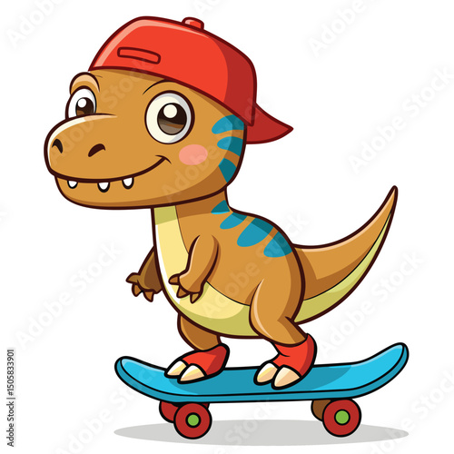 Adorable cartoon dinosaur in a red cap skateboarder with a smiling expression on white background