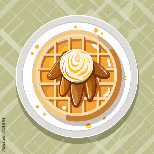 Overhead view of butterscotch waffle with cream