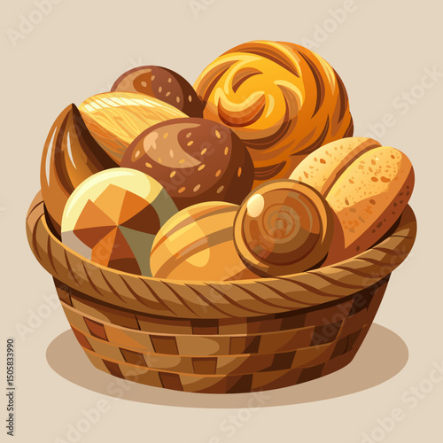 Assorted breads and pastries in a wooden basket
