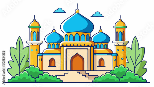 Fantasy style Arabian castle with pointed domes and gold details 