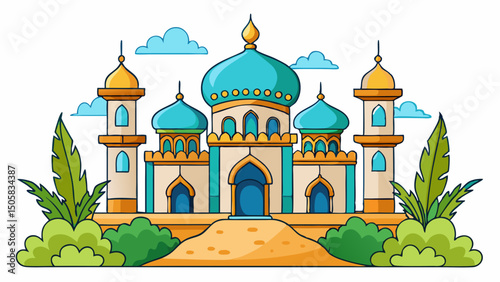 Fantasy style Arabian castle with pointed domes and gold details 