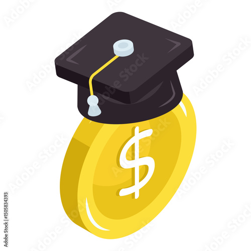 Mortarboard with dollar, isometric design of educational grant