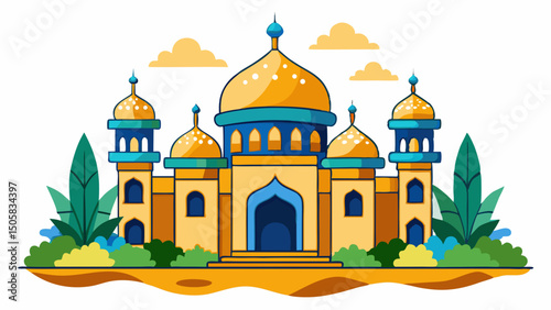 Fantasy style Arabian castle with pointed domes and gold details 
