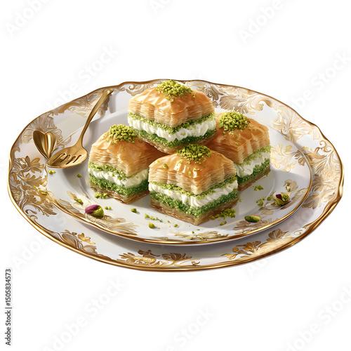 Elegant plate of pistachio baklava with gold accents, no text