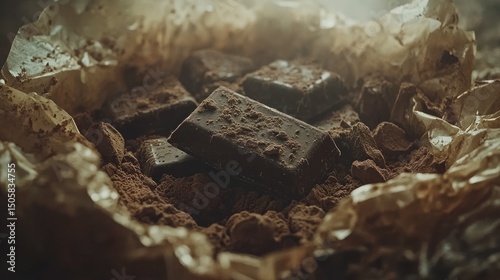 Dark chocolate bars nestled in cocoa powder