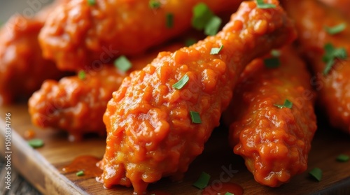Fried chicken wings coated in deep red buffalo sauce, close-up view photo