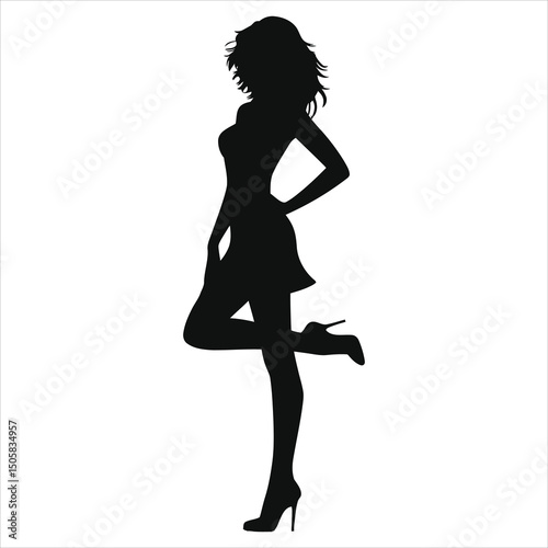 (Peep-toe heels)Vector Silhouette of a Woman in a Short Dress/A stylish silhouette of a woman in a short dress and high heels, set against a white background.