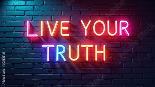 Vibrant neon sign on brick wall with 'LIVE YOUR TRUTH' message for motivational marketing campaigns, social media branding, and corporate presentations with copy space for text