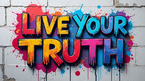 Live Your Truth Bold Graffiti, Vibrant Rainbow Spray Paint Textures, Drips and Splatters, Stencil Accents on Rough Brick or Concrete Wall, Edgy Urban Street Art Celebrating Pride Activism