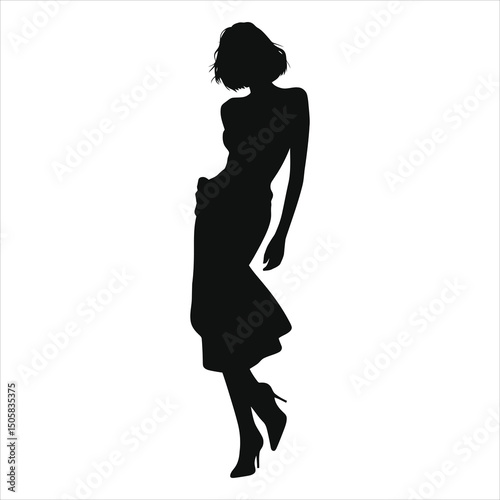 ( Slingbacks footwear)Vector Silhouette of a Woman in a White Background/A striking silhouette of a woman in fashionable attire against a vibrant white backdrop.