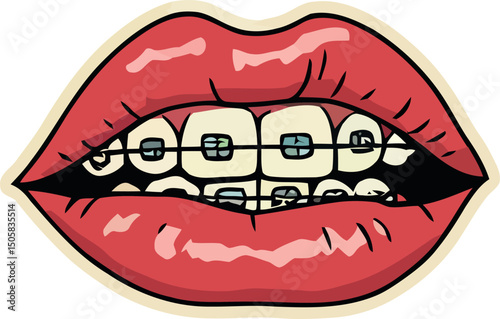 Cartoon red lips with dental braces