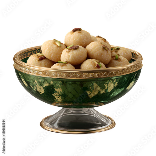Emerald bowl of Maamoul with soft golden shadows, transparent PNG