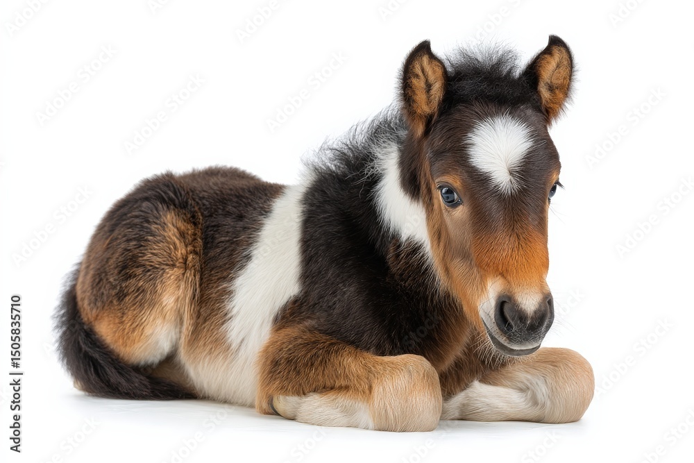 Fototapeta premium Adorable brown and white pony foal lying down.