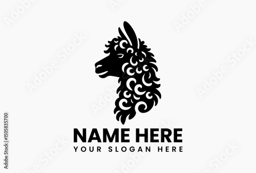 Minimalist black and white llama head vector logo with decorative fur patterns isolated on plain background