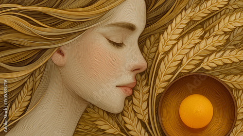 Golden Harvest Goddess: A serene woman with flowing golden hair rests amidst wheat stalks, a sun-like orb glowing behind her, creating a mystical and evocative image.
