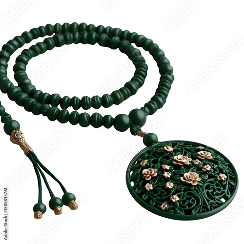 Emerald green tasbeeh coiled with flower buds and vines, clean cutout