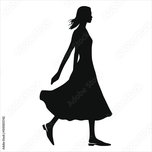 (Slingbacks footwear)Stylish Woman Walking in a Flowing Dress Silhouette/A striking silhouette of a woman walking, wearing a flowing dress.