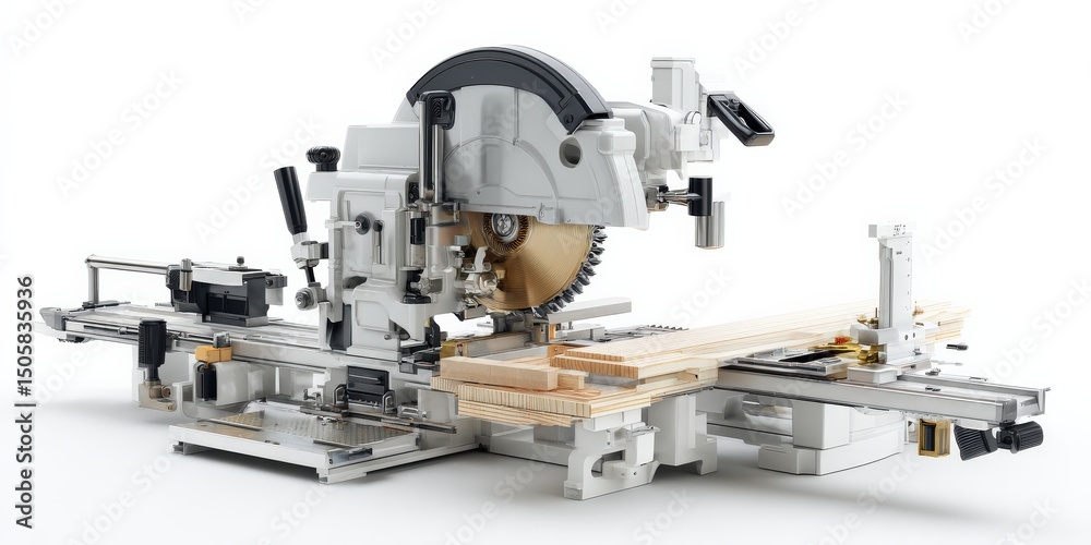 Fototapeta premium Precision woodworking with a modern miter saw. Clean lines and sharp details.