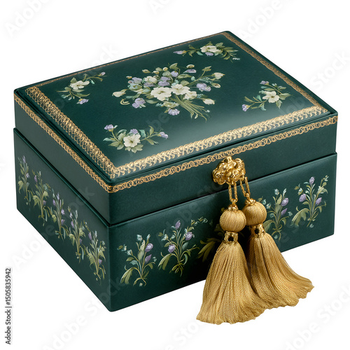 Emerald box with gold tassels and Eid floral motif, no text