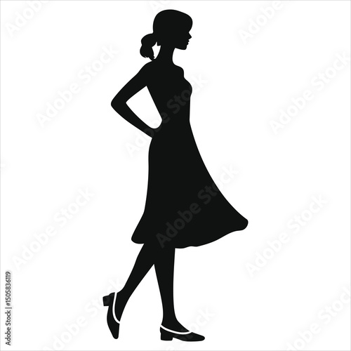 (Slingbacks footwear)Stylish Woman in a Dress Vector Silhouette/A striking silhouette of a woman wearing a classic-style dress, walking.