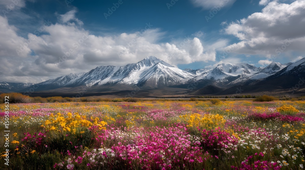 Fototapeta premium Blossom Vista: A vibrant tapestry of wildflowers blankets the foreground, contrasting with the majestic, snow-capped peaks under a vast, cloud-strewn sky.