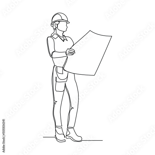 Continuous line drawing of construction worker holding blue print paper and note. One single line of architect holding design paper of building. Vector illustration sketch editable stroke