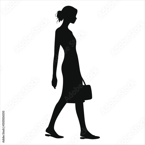 (Slingbacks footwear)Vector Silhouette of a woman walking with a bag, professional style./A sleek silhouette of a woman walking, conveying a professional and confident mood.