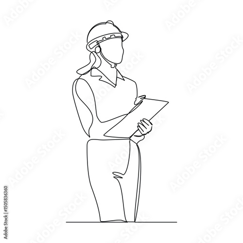 Continuous line drawing of construction worker holding blue print paper and note. One single line of architect holding design paper of building. Vector illustration sketch editable stroke