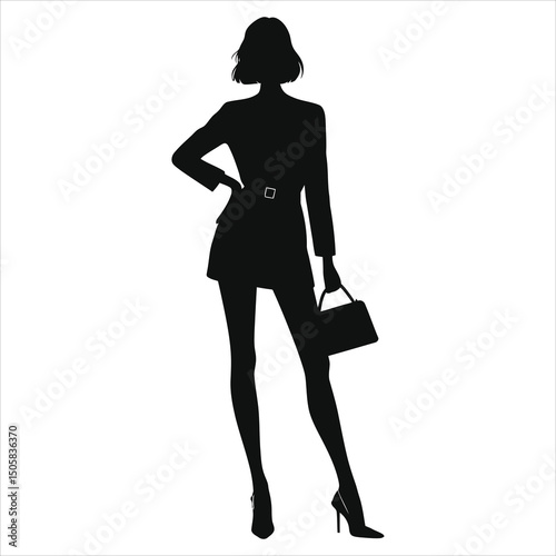( Slingbacks footwear )Vector Silhouette of a Woman in a Blazer Dress with Handbag/A confident, modern silhouette of a woman in a blazer dress and heels, holding a handbag.