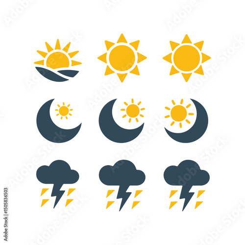 Weather Icons Sun, Moon, Cloud and Lightning