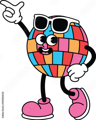 Cute Colorful Disco Ball Retro Mascot Pointing Finger Up Illustration, Summer Groovy Cartoon Character Vector