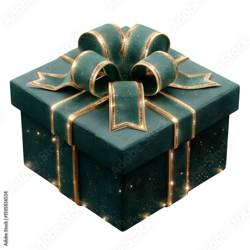 Emerald present box with star-shaped bow and glowing edge, isolated