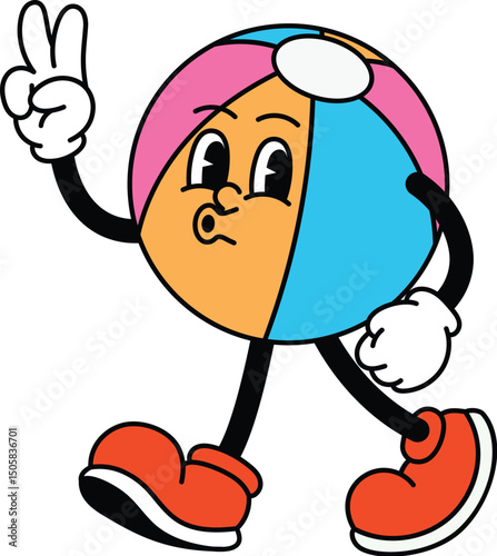 Cute Colorful Beach Ball Retro Mascot Walking and Thumbs Up Illustration, Summer Groovy Cartoon Character Vector