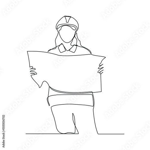 Continuous line drawing of construction worker holding blue print paper and note. One single line of architect holding design paper of building. Vector illustration sketch editable stroke