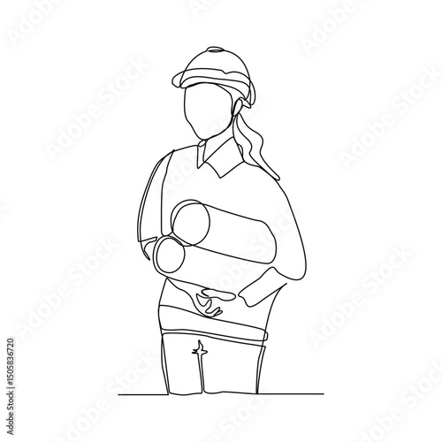 Continuous line drawing of construction worker holding blue print paper and note. One single line of architect holding design paper of building. Vector illustration sketch editable stroke