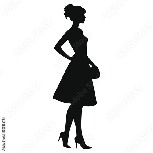 (Slingbacks footwear)Elegant Vector Silhouette of a Woman in a Dress/A sophisticated silhouette of a woman in profile view, elegantly dressed in a midi dress and high heels.
