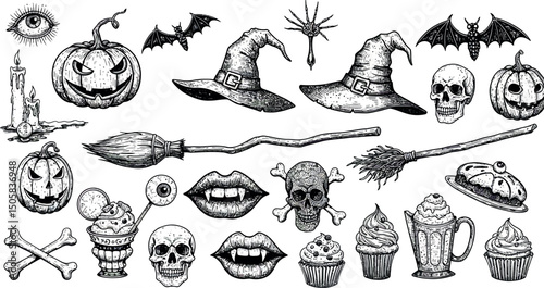 Vintage halloween icons: witch hats, skulls, pumpkins, bats, and more
