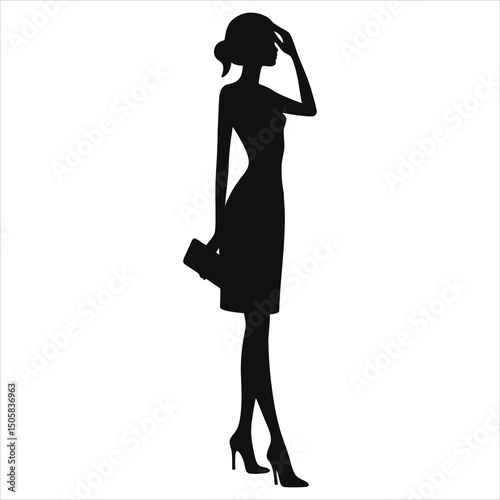 ( Slingbacks footwear )Vector  Silhouette of a Woman in a Dress/A sophisticated silhouette of a woman in a classy, short dress, holding a clutch, and wearing high heels.