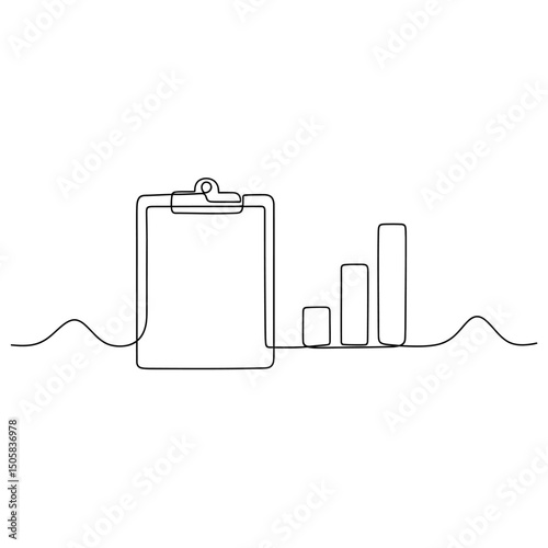 Vector art of Clipboard with bar graph isolated on white background in a continuous line drawing style representing business data and financial growth.