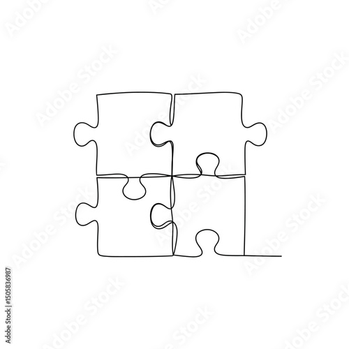 Vector art of Four jigsaw puzzle pieces connected together isolated on white background, symbolizing teamwork, problem-solving, and strategic thinking in business and design.