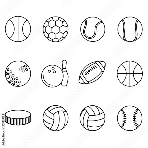 Vector art of Collection of various sport balls isolated on white background, including basketball, soccer ball, tennis ball, bowling ball, football, hockey puck, and baseball