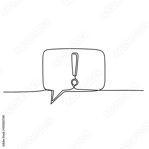 Vector art of Exclamation mark in speech bubble isolated on white background, a single continuous line drawing of attention sign for communication and information