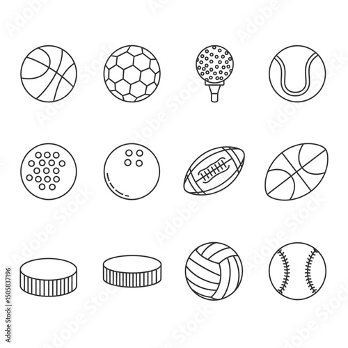 Vector art of Collection of various sport balls isolated on white background, including basketball, soccer ball, golf ball, tennis ball, baseball, volleyball, football, bowling ball, and hockey puck.