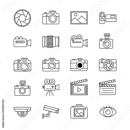 Vector art of Collection of various camera and video equipment icons isolated on white background, including digital cameras, video cameras, lenses, and security cameras