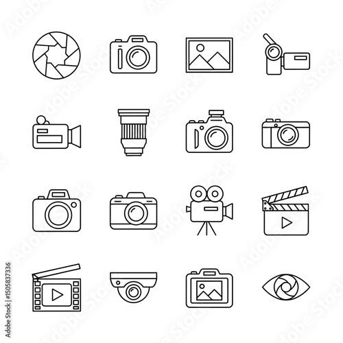 Vector art of Collection of various camera and video equipment icons isolated on white background, including film camera, video camera, lens, security camera, and clapperboard