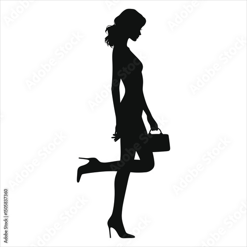 (Slingbacks footwear)Stylish Woman in Heels Carrying a Handbag Vector Silhouette/A sophisticated silhouette of a woman in elegant attire.