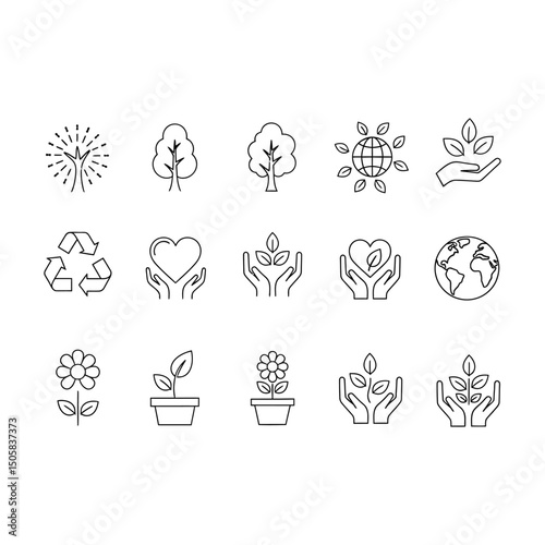 Vector art of Collection of ecology and nature icons featuring trees, plants, recycling symbols, earth, flowers, hands holding leaves, representing environmental care and sustainability
