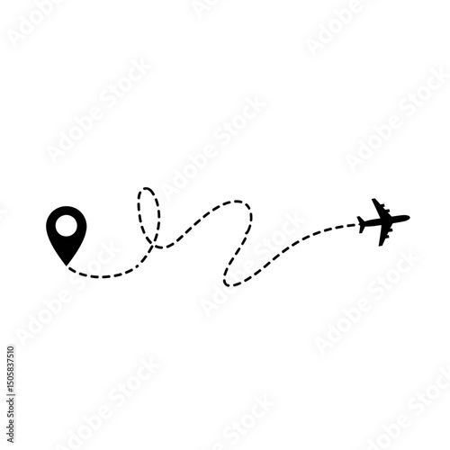 Vector art of Airplane route with location pin isolated on white background showing travel path, flight journey, and destination with dotted line for navigation.