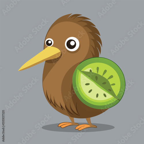 Adorable cartoon kiwi bird with a slice of fruit on its back on a neutral background