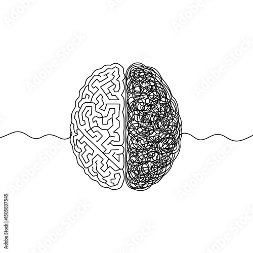 Vector art of Brain illustration showing logical and chaotic thinking, isolated on white background, representing intelligence, mental health, and cognitive processes